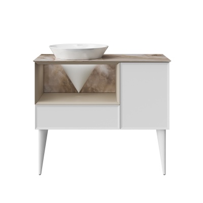 Тумба Cono/Коно подвесная с открытой полкой и ящиками 97, белая матовая-лимо