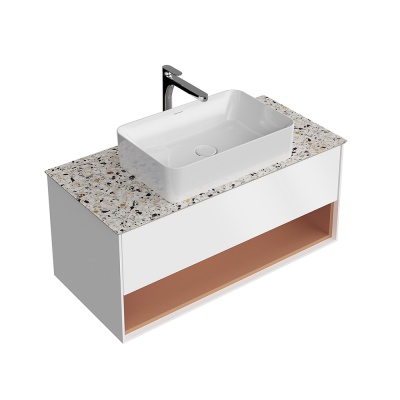 Тумба Plaza Modern/Плаза Модерн подвесная 100, нажимное открывание, 1 ящик, подсветка, белая матовая+сахара