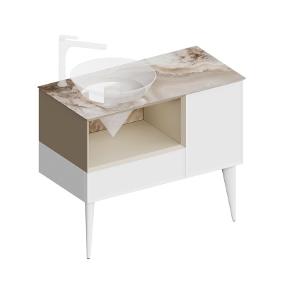 Тумба CONO подвесная с открытой полкой и ящиками 97, белая матовая-лимо Тумба CONO подвесная с открытой полкой и ящиками 97, белая матовая-лимо